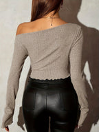 Women'S Asymmetric Neck Ribbed T-Shirt - Khaki
