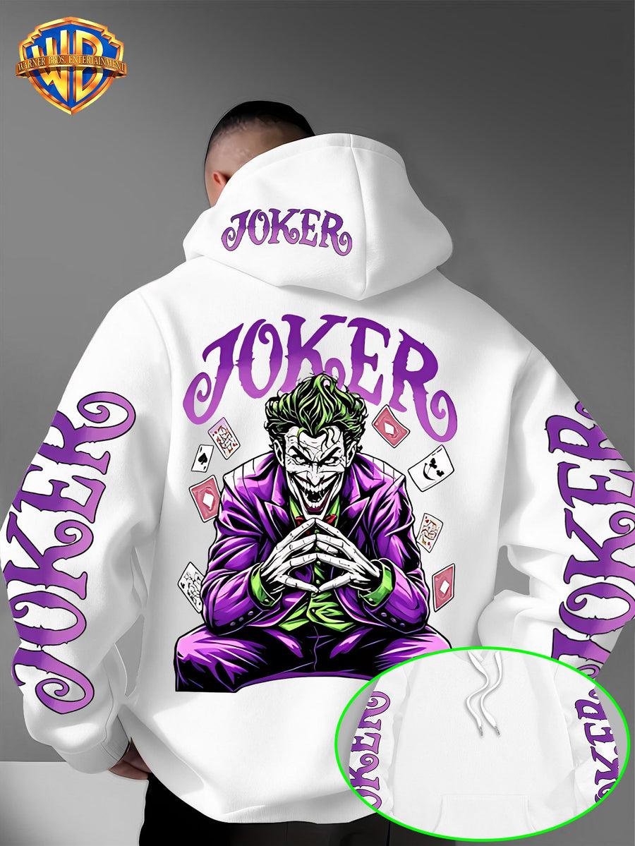 Warner Bros. Fashion Poker Joker Print, Hat Design Pattern, Multi-functional Street Style Men's Hooded Sweatshirt, Comfortable and Casual, Suitable for Autumn and Winter Wear - White