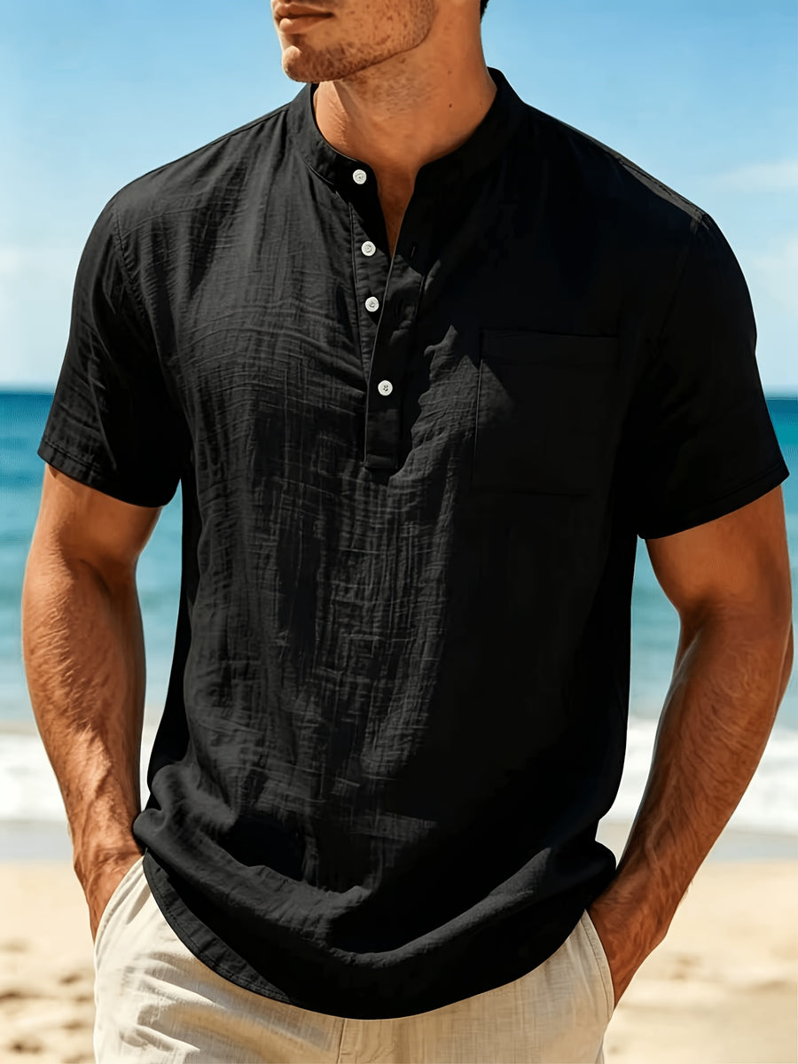 Men'S Summer Henley Collar Short Sleeve T-Shirt, Stand-Up Collar Casual Top, Breathable Linen, for Pool Parties, Beach Vacations, Ideal Choice for Beachwear Gifts - Black