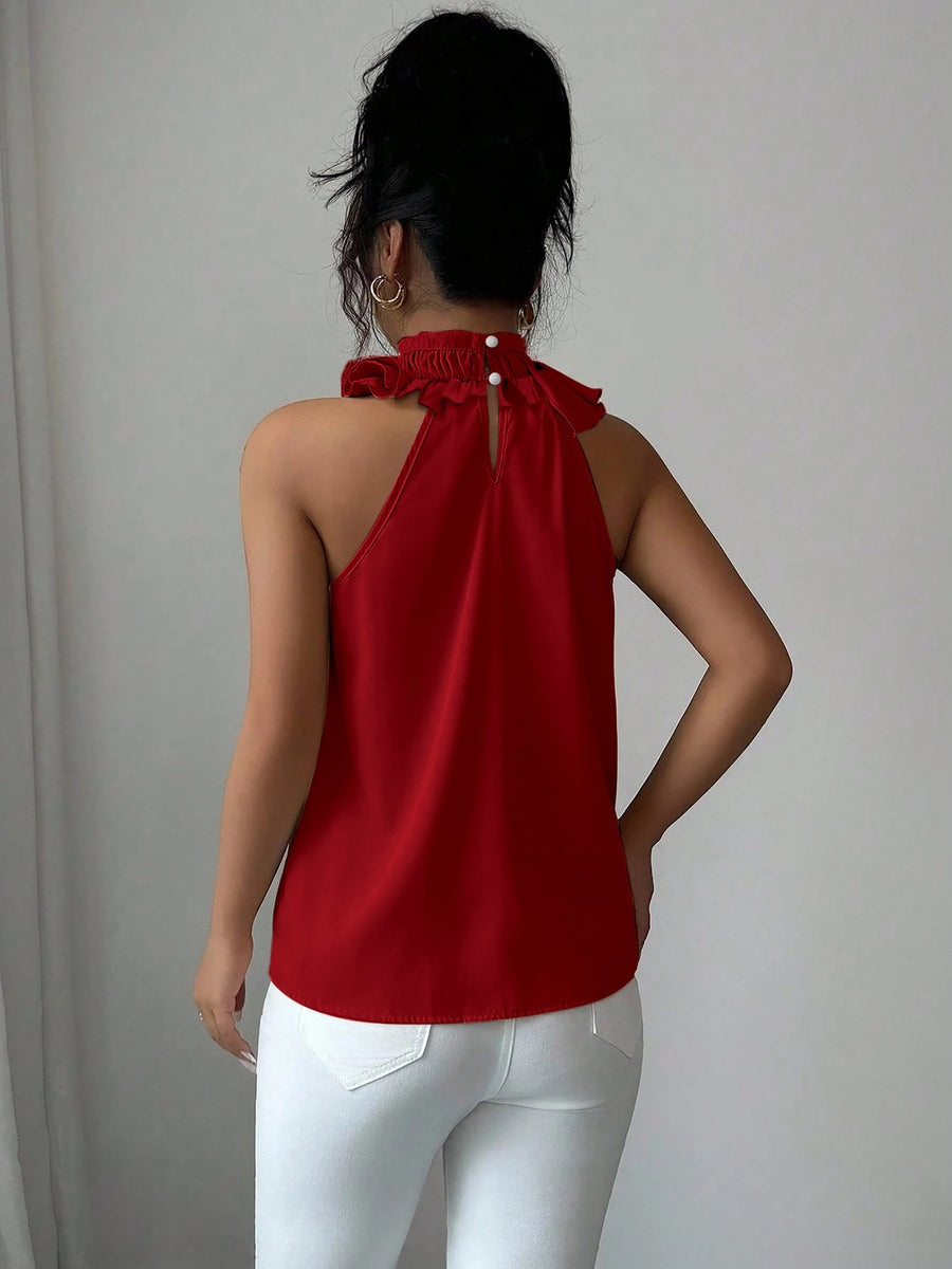 Fashionable Office Women's Solid Color Halter Top, Versatile Pleated Halter for Daily Gatherings, Sleeveless Top Suitable for Spring and Autumn, Standard Size Women's Top - Red