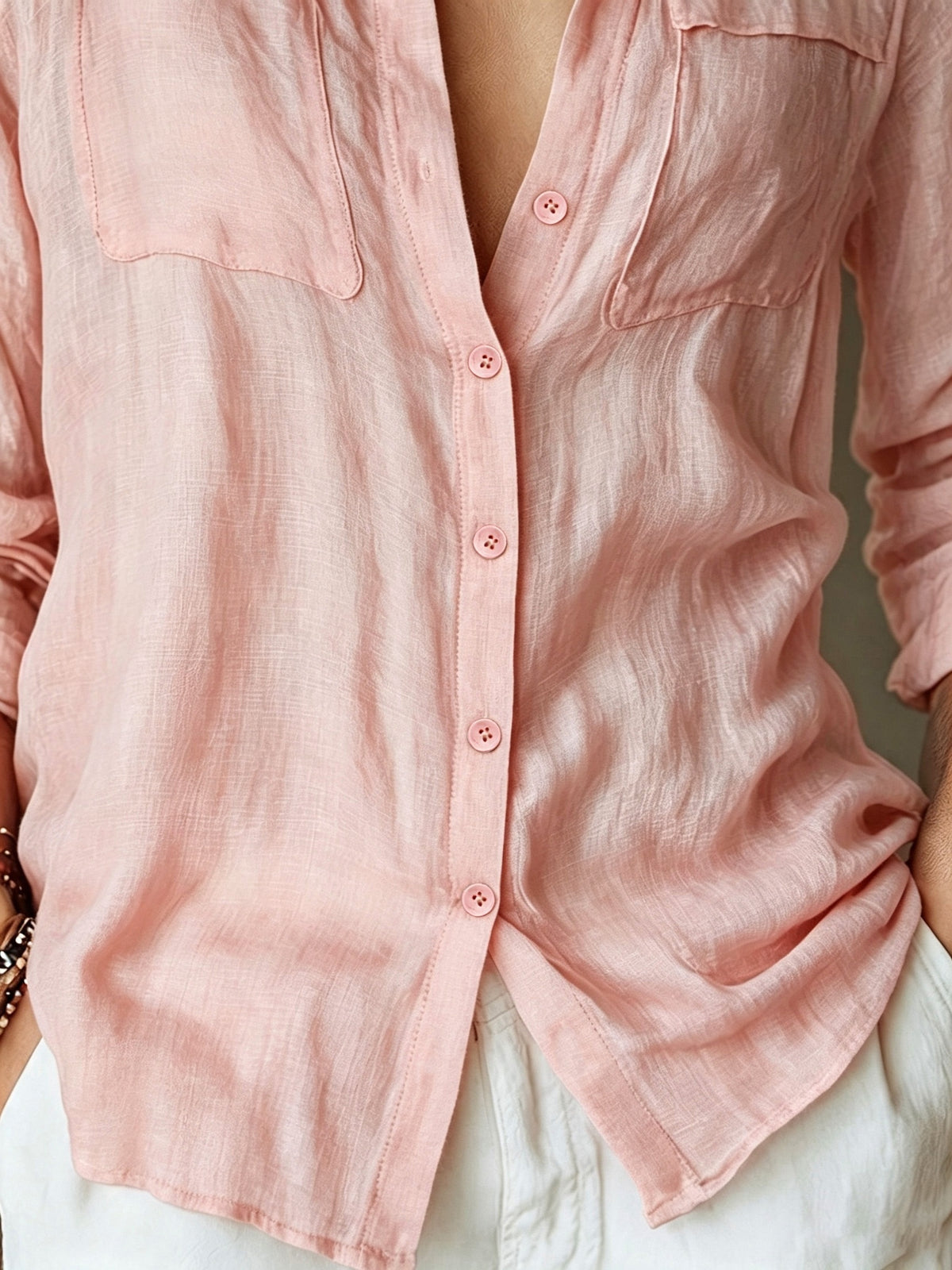 Women's Elegant Casual Solid Color Long Sleeve Shirt, Breathable Soft Fabric, Spring Summer Autumn 2026 New Top - Pink