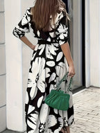 Women'S Elegant Black White Floral Maxi Dress Long Sleeve A Line Button Front Flared Skirt - Mixed colors