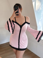 Plus Size Women'S Lace Splice Nightgown, Pearl Strap Off-The-Shoulder Style Loungewear, Flare Sleeve Short Nightdress - Pink Color