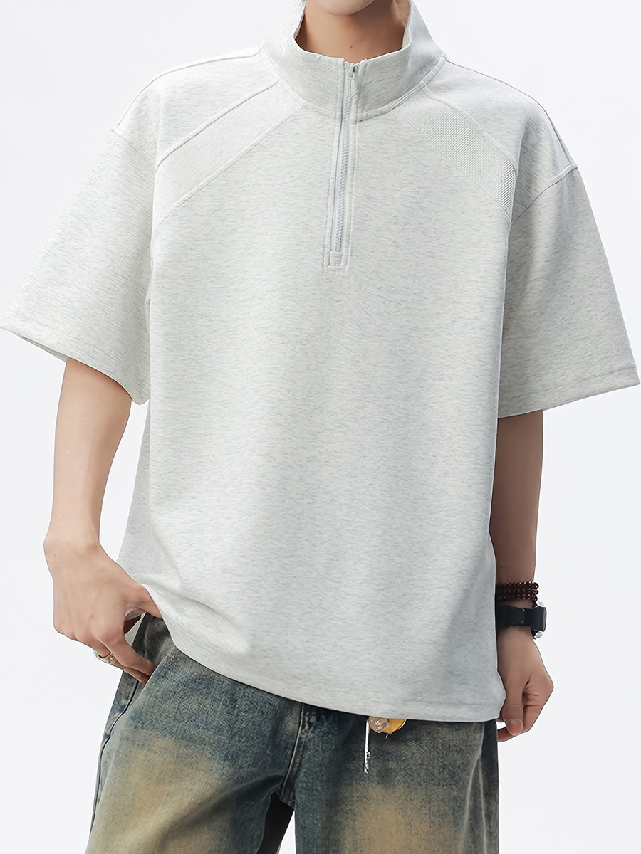 Summer Half-Zip Stand Collar Short Sleeve T-Shirt Men'S Loose Premium Air Layer Shoulder Sleeve Design Versatile Top - White Flower Gray