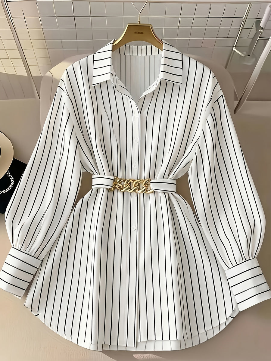 [Size for Regular Fit] Women'S Spring Autumn Elegant Striped Loose Long Sleeve Shirred Blouse, Chain Detail Tie-Waist Shirt - White And Black