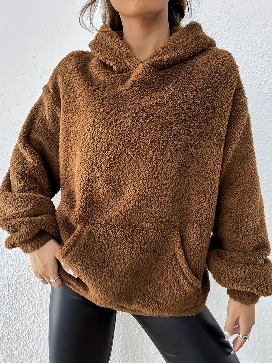 Bear Ear Pocket Plush Hoodie, Casual Long Sleeve Hooded Sweatshirt, Women'S Clothing - Khaki
