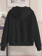 Love Print Hooded Zip-Up Sweatshirt Women'S Loose Casual Basic Cardigan Jacket - Black