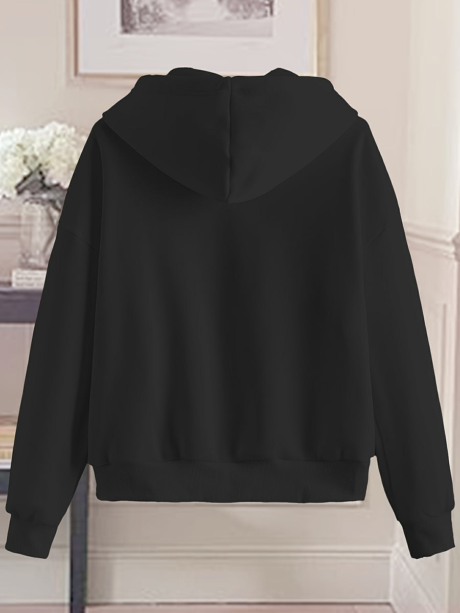 Love Print Hooded Zip-Up Sweatshirt Women'S Loose Casual Basic Cardigan Jacket - Black