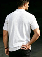 Men's Summer Jacquard Ribbed Lapel Short-Sleeve T-Shirt, Simple Casual Breathable Business Versatile Knitted Polo Shirt - White