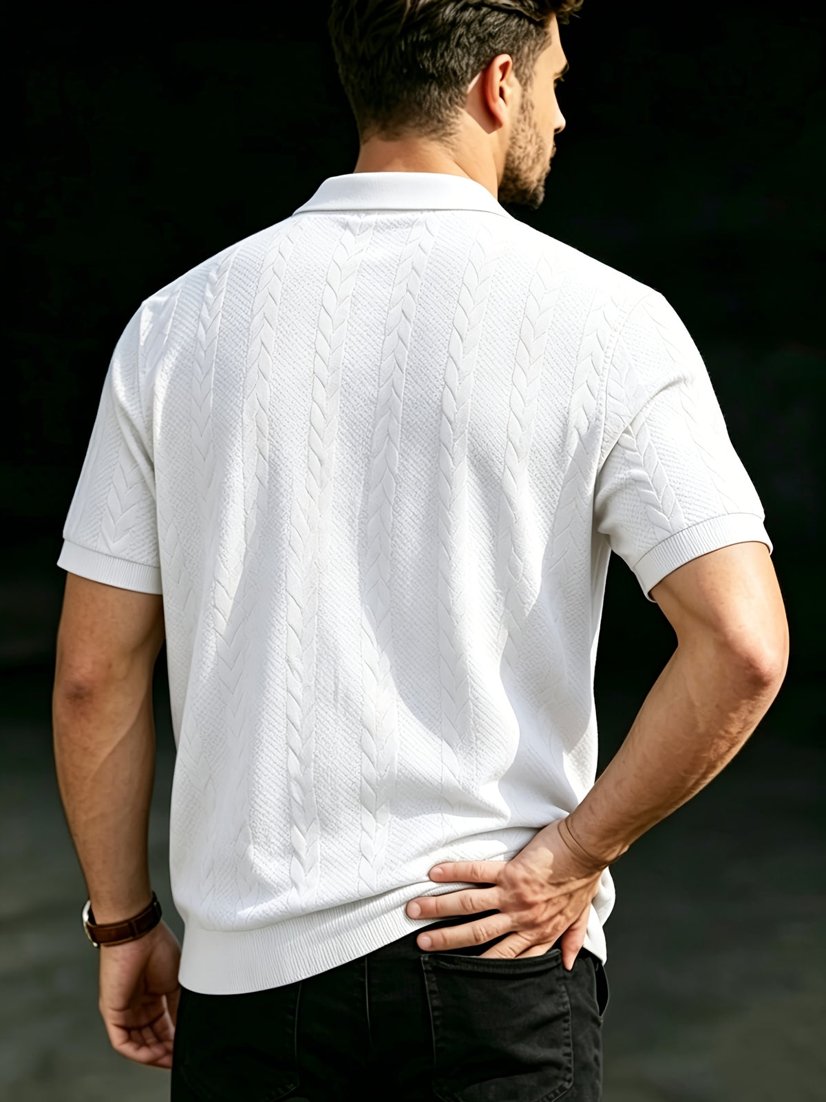 Men's Summer Jacquard Ribbed Lapel Short-Sleeve T-Shirt, Simple Casual Breathable Business Versatile Knitted Polo Shirt - White