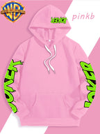 Authorized by Warner Bros., Featuring Colorful Graffiti And Ink Splattered Joker JOKER Poker Prints, Hat Design Patterns, Versatile Street Style Men'S Hooded Sweatshirt, Comfortable And Casual, Suitable for Autumn And Winter Wear - Pink Color