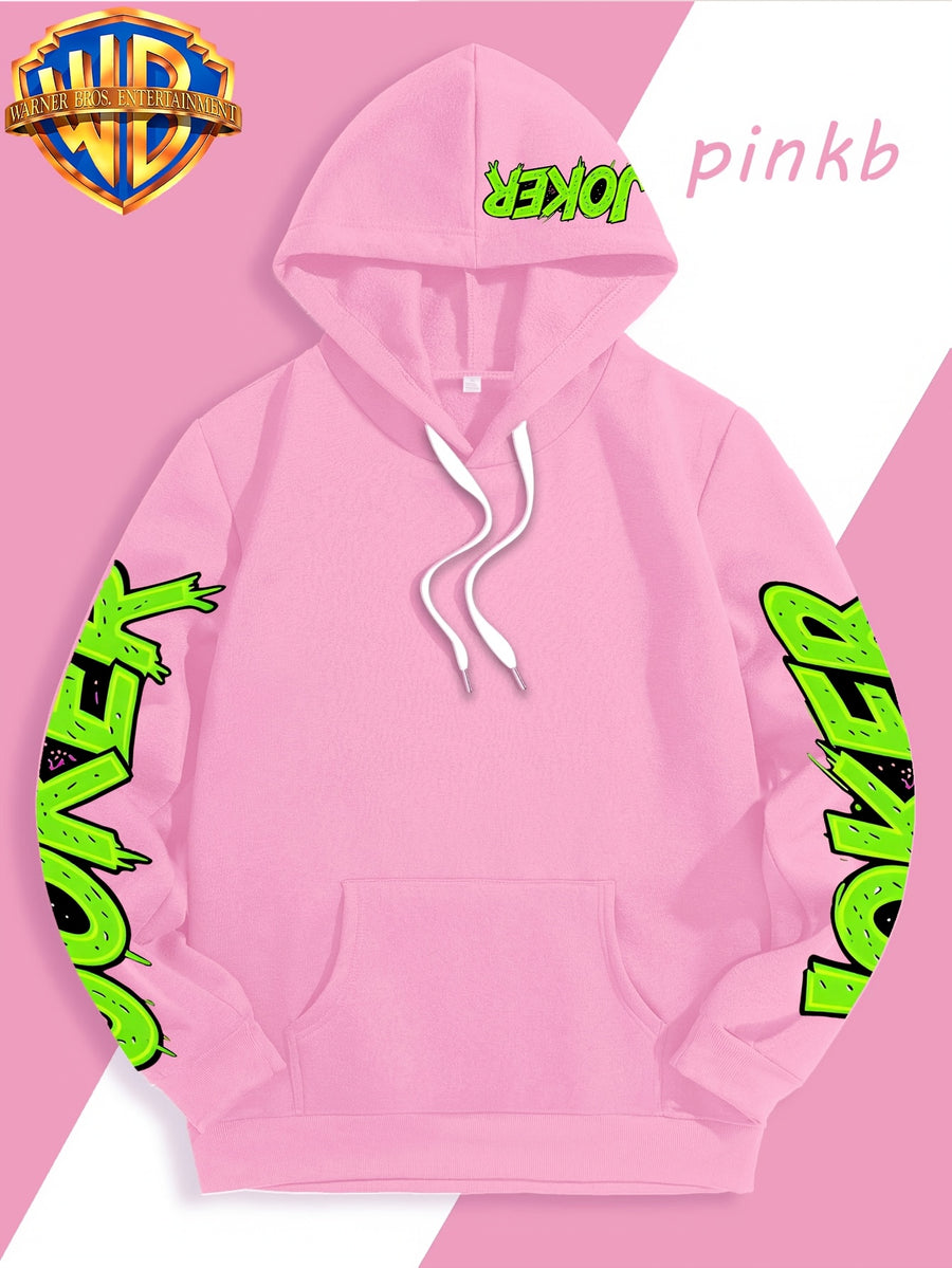 Authorized by Warner Bros., Featuring Colorful Graffiti And Ink Splattered Joker JOKER Poker Prints, Hat Design Patterns, Versatile Street Style Men'S Hooded Sweatshirt, Comfortable And Casual, Suitable for Autumn And Winter Wear - Pink Color