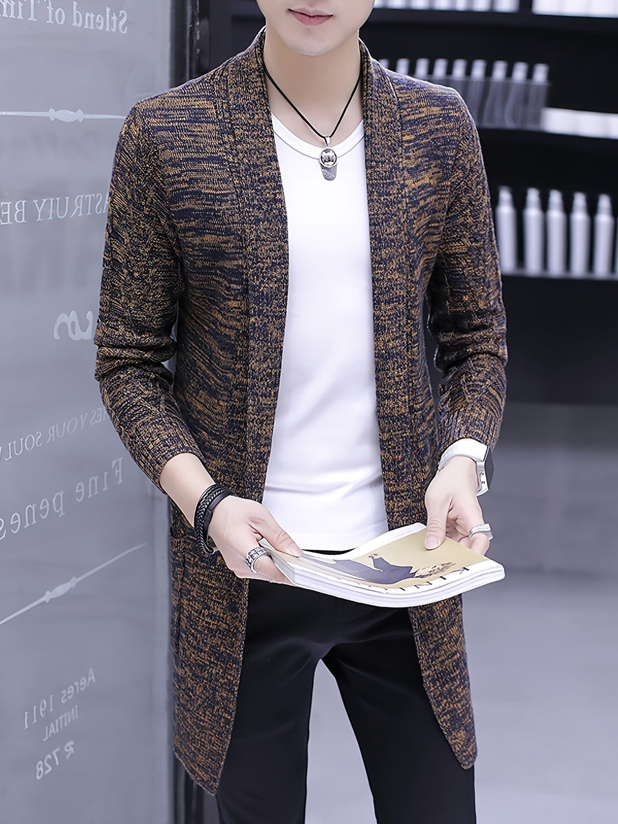 Men's Autumn/Winter New Style Shawl Collar Long Knitted Cardigan, Buttonless Open Front Slim Fit Long Sleeve Casual Sweater Jacket for Men - WE9309 Coffee Brown