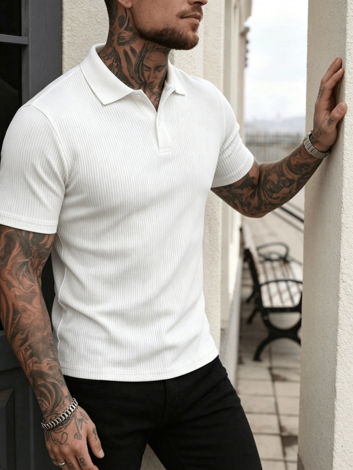 Men'S Classic Polo Shirt, Double-Button Closed Texture Shirt, Summer Fashion Golf Shirt, Casual Sportswear, Lightweight And Breathable, Vertical Stripe Design, 80% Polyester 20% Spandex, Ice-Sense High-Elastic Fabric - White