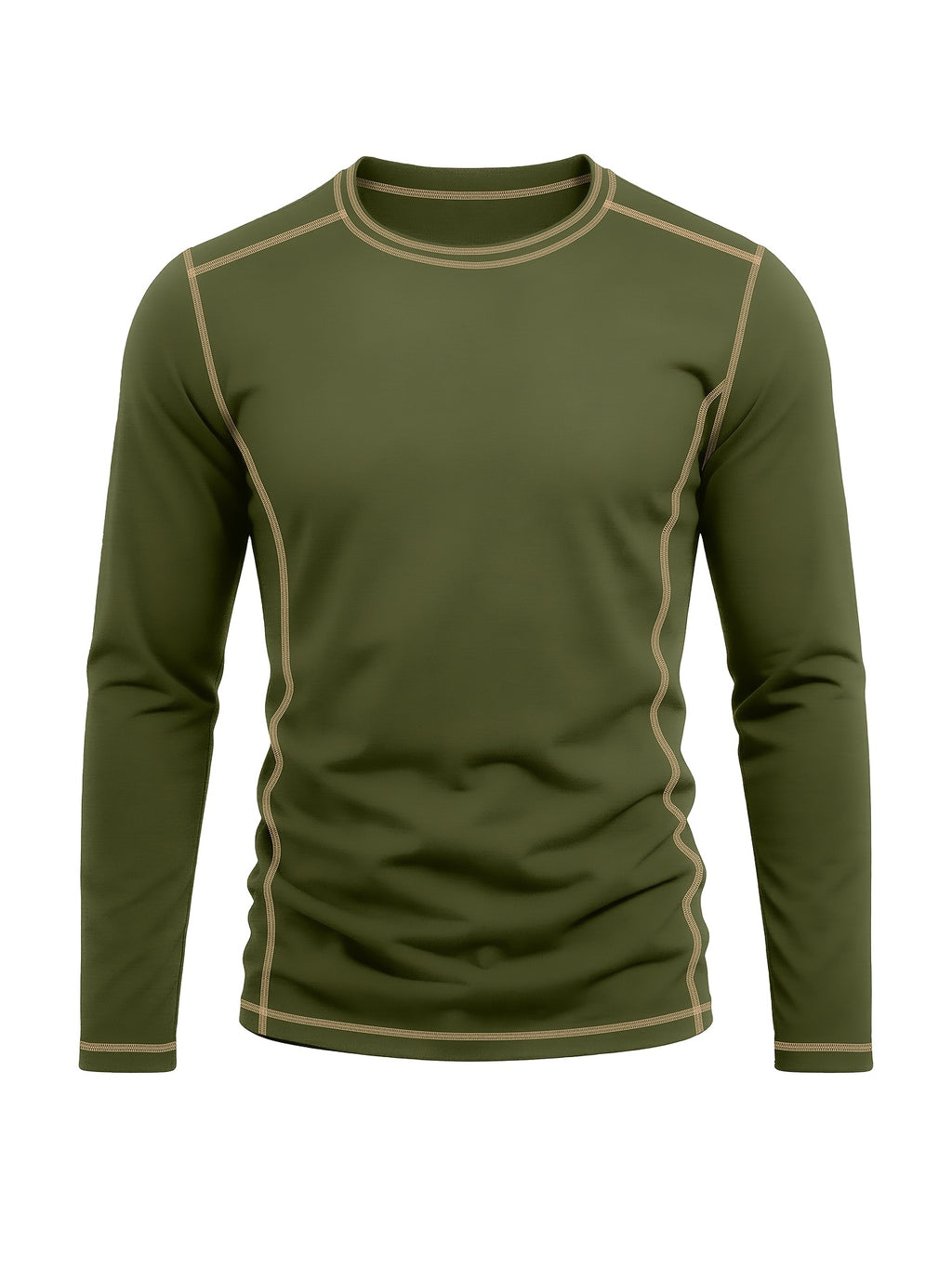 Men's Retro Patchwork T-Shirt - Solid Color Base with Contrast Patch Suitable for Fall/Winter, Round Neck Long Sleeve Casual Layering Top, Machine Washable Blending Shirt for Outdoor & Casual Attire (Regular Fit) - Military Green