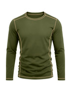 Men's Retro Patchwork T-Shirt - Solid Color Base with Contrast Patch Suitable for Fall/Winter, Round Neck Long Sleeve Casual Layering Top, Machine Washable Blending Shirt for Outdoor & Casual Attire (Regular Fit) - Military Green