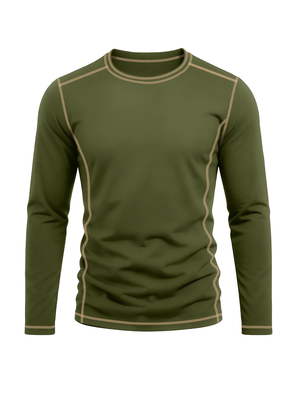 Men's Retro Patchwork T-Shirt - Solid Color Base with Contrast Patch Suitable for Fall/Winter, Round Neck Long Sleeve Casual Layering Top, Machine Washable Blending Shirt for Outdoor & Casual Attire (Regular Fit) - Military Green