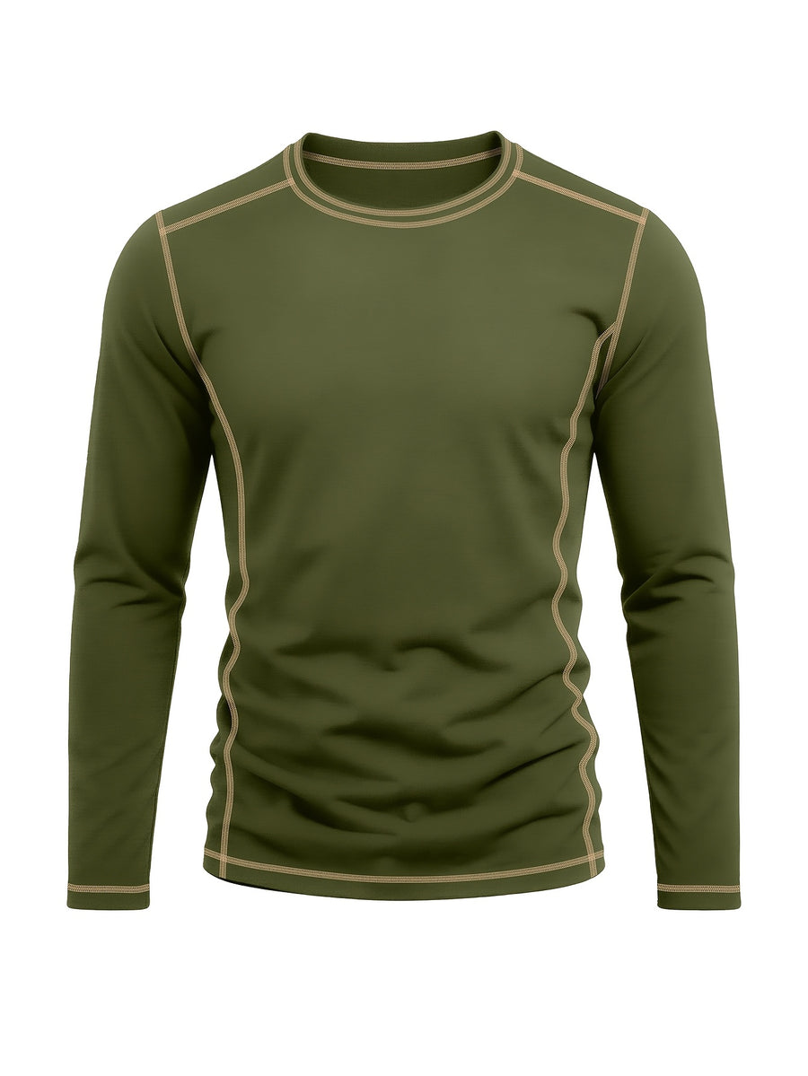 Men's Retro Patchwork T-Shirt - Solid Color Base with Contrast Patch Suitable for Fall/Winter, Round Neck Long Sleeve Casual Layering Top, Machine Washable Blending Shirt for Outdoor & Casual Attire (Regular Fit) - Military Green