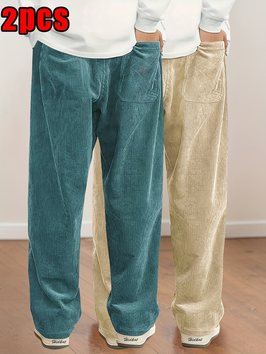 2pcs Women's Corduroy Pants, Spring/Autumn Elastic Waist with Drawstring, Back Pockets, Casual Trousers, Suitable for Casual, S, Dating, Etc. - Card + Blue