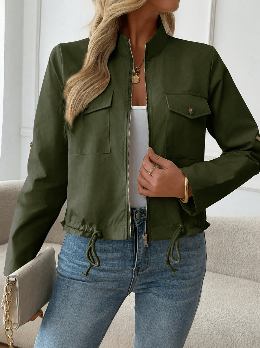 Women'S Lightweight Stand-Collar Jacket – Fashionable Zippered Bomber with Decorative Front Pockets And Adjustable Drawstring Hem, Ideal Casual Street Style Outerwear for Spring And Autumn - Olive Green