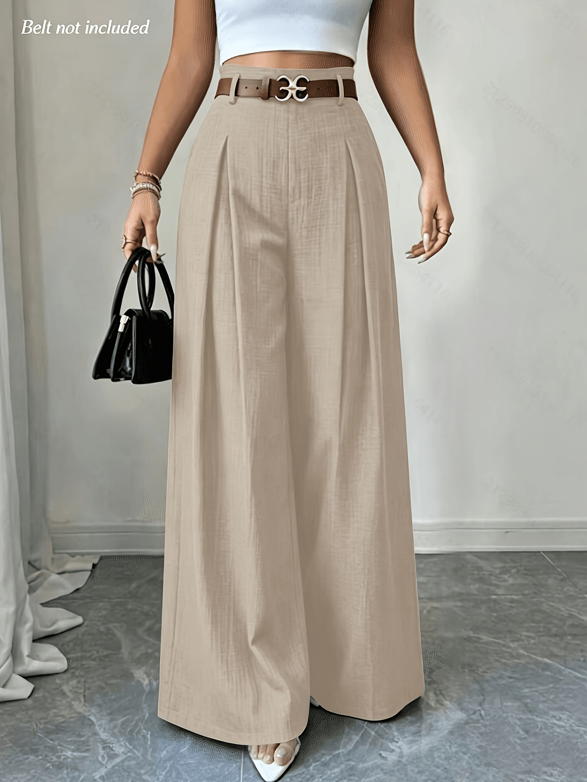 Women's High-Waisted Wide- Trousers - Loose-Fit Solid Color Pants Suitable for Daily Wear & Vacation, Beltless Spring/Summer Style for Office, Casual Outfits - Machine Washable Elegant Trousers - Champagne