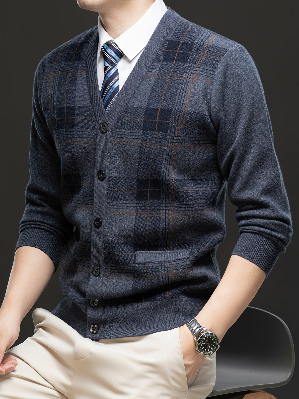 Men's Autumn and Winter Knitted Cardigan Sweater, Classic Striped Design Thickened with Pockets, Gift for Men, Suitable for Casual, Business, and Sports Knitted Outerwear Top - Medium Gray