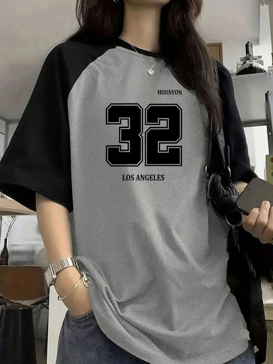 Women'S Color-Blocking Raglan Sleeve 32 Letter Print Pullover Short-Sleeved T-Shirt Summer Design Sense Fashionable Foreign Style Loose Top - Grey