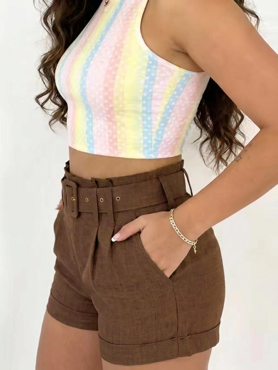 New Summer 2026 Solid Color High-Waist Three-Quarter Fashion Shorts - Coffee Color