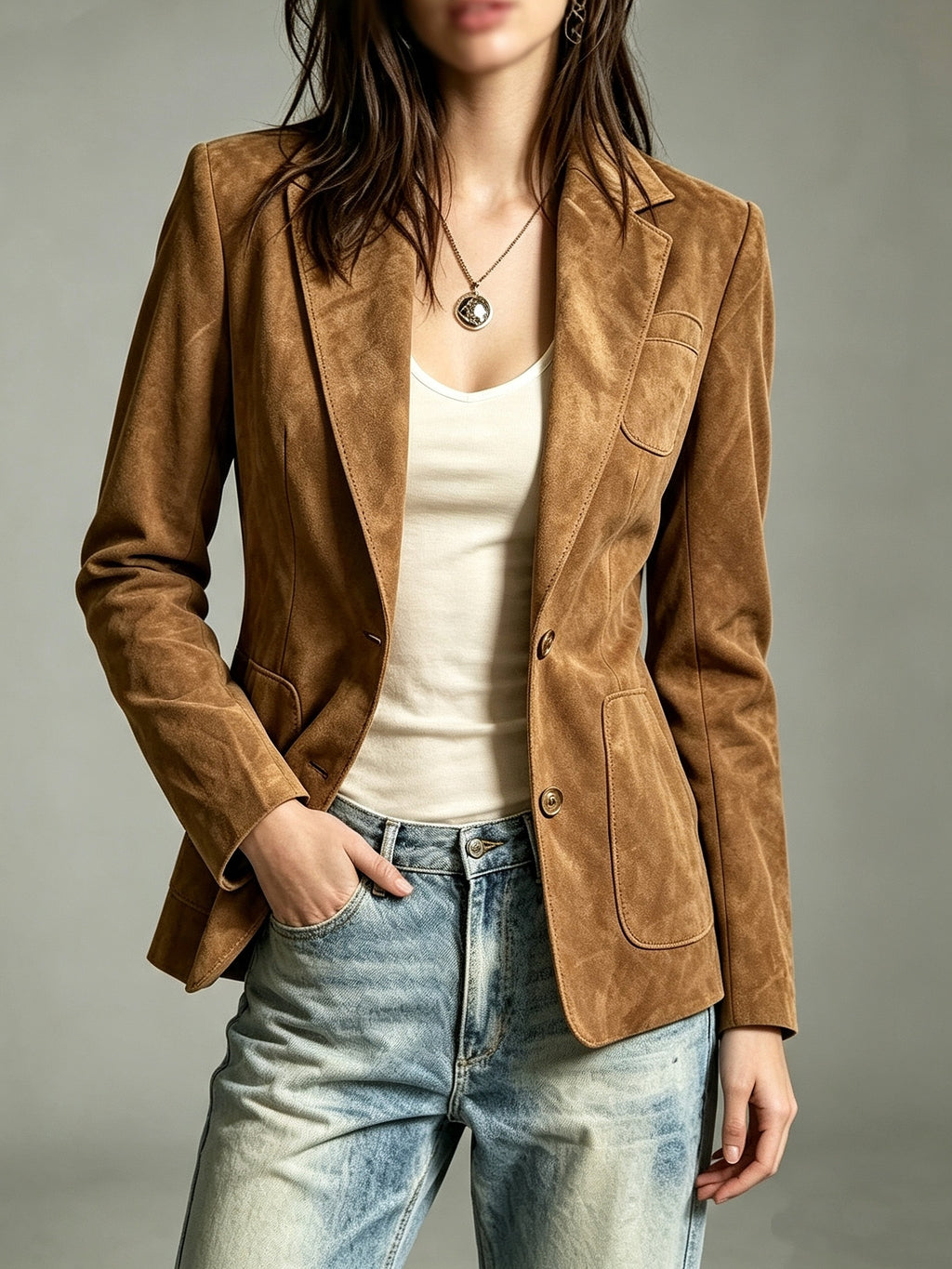 YY260604023, Women's Elegant and Stylish Maillard Vintage Faux Slim-Fit Blazer, Commuter Single-Breasted Casual Suit Top with Autumn/Winter Ambiance, Vintage British-Style Waist-Cinching Suit for Women, Long Sleeve with Pocket Design - Dark Brown