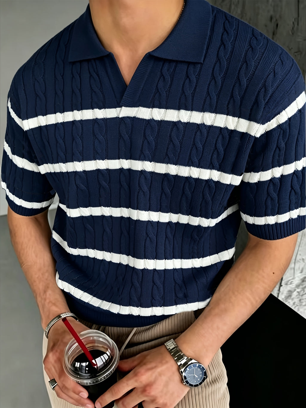 Summer Lapel Short Sleeve Polo Shirt, Men'S Loose American Stretch T-Shirt Style Striped Short Sleeve Knit Sweater, Polo Shirt with Jacquard Design, Soft Texture Fabric, Outdoor Casual Business Breathable Lacrosse Shirt Golf Shirt - Navy Blue And White Strips