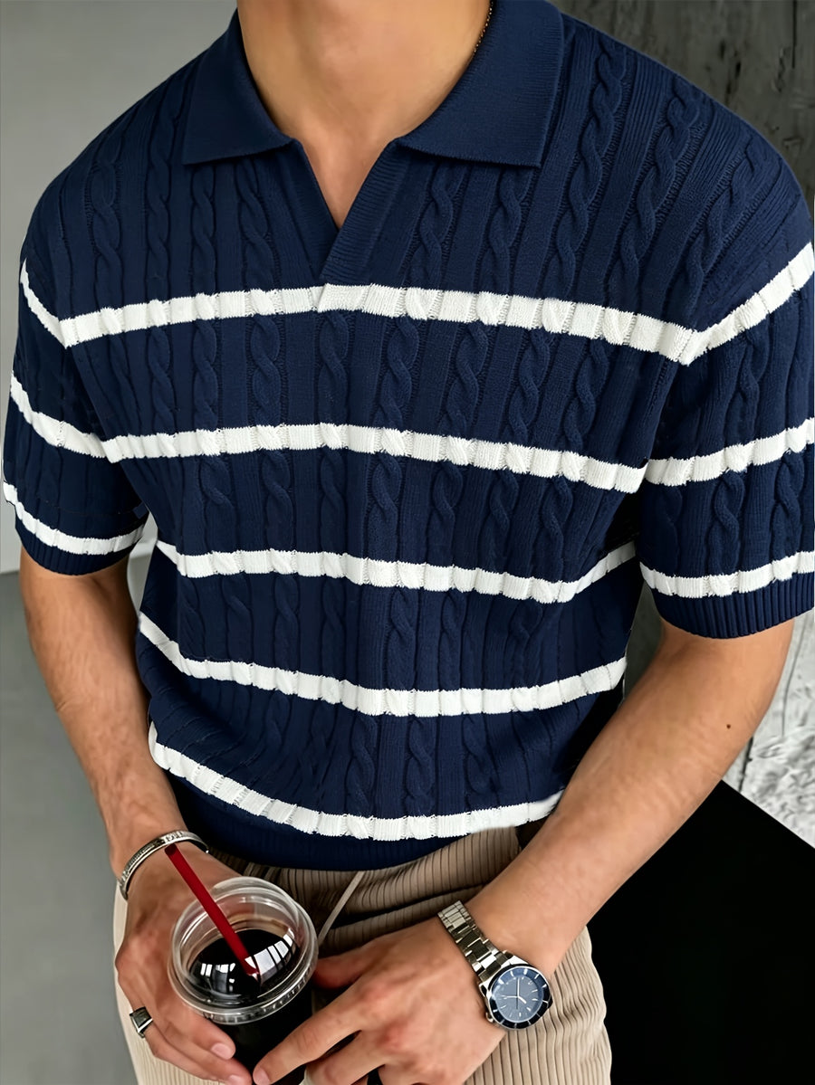 Summer Lapel Short Sleeve Polo Shirt, Men'S Loose American Stretch T-Shirt Style Striped Short Sleeve Knit Sweater, Polo Shirt with Jacquard Design, Soft Texture Fabric, Outdoor Casual Business Breathable Lacrosse Shirt Golf Shirt - Navy Blue And White Strips