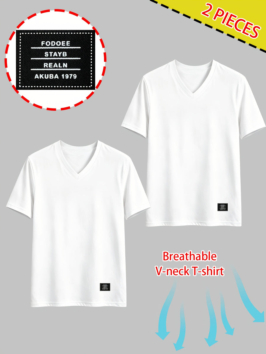 2pcs Men's 100% Cotton V-Neck T-Shirt - Breathable Short-Sleeve Solid Color Basic Tee Suitable for Summer Gym, Outdoor Sports & Casual Wear, Non-Stuffy Machine Washable Pure Cotton Shirts for Fitness and Everyday Activities - White