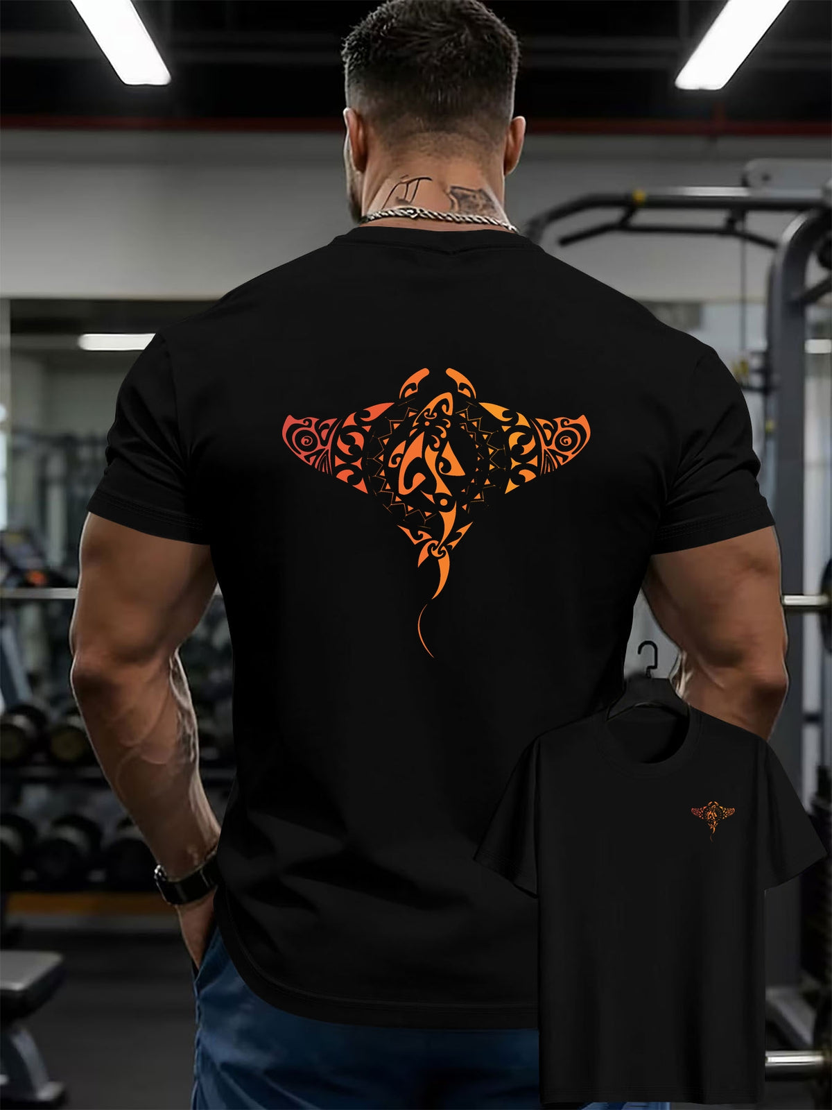100% Men'S T-Shirt, Multi-Colors Available, Men'S Manta Ray Pattern T-Shirt, Front And Back Print T-Shirt, Summer Casual Round Neck Short Sleeve T-Shirt - Black