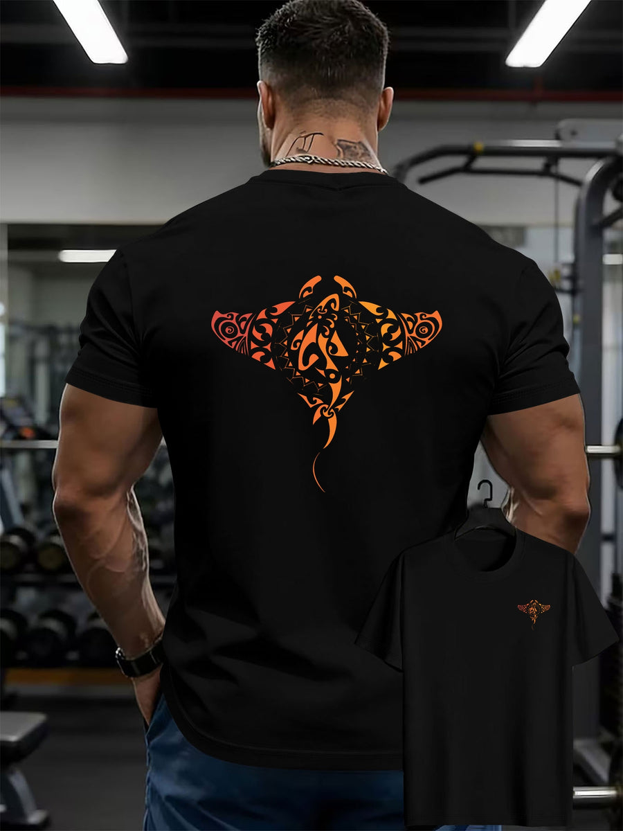 100% Men'S T-Shirt, Multi-Colors Available, Men'S Manta Ray Pattern T-Shirt, Front And Back Print T-Shirt, Summer Casual Round Neck Short Sleeve T-Shirt - Black