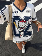 Sanrio Hello Kitty Varsity Baseball Women's T-Shirt V-Neck Navy Blue & White Color Block Loose Fit Double-Sided Graphic Print Y2K Summer Tee - Navy Color