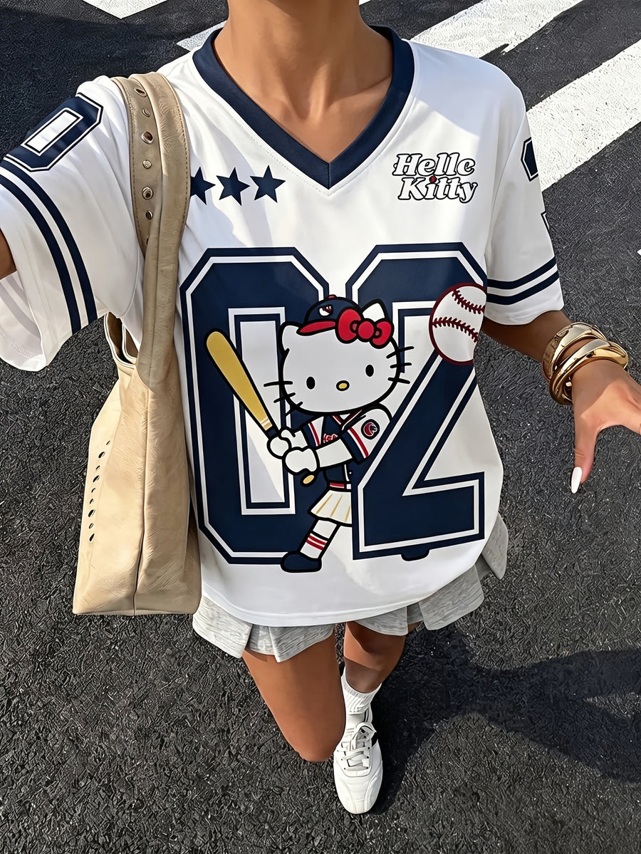 Sanrio Hello Kitty Varsity Baseball Women's T-Shirt V-Neck Navy Blue & White Color Block Loose Fit Double-Sided Graphic Print Y2K Summer Tee - Navy Color