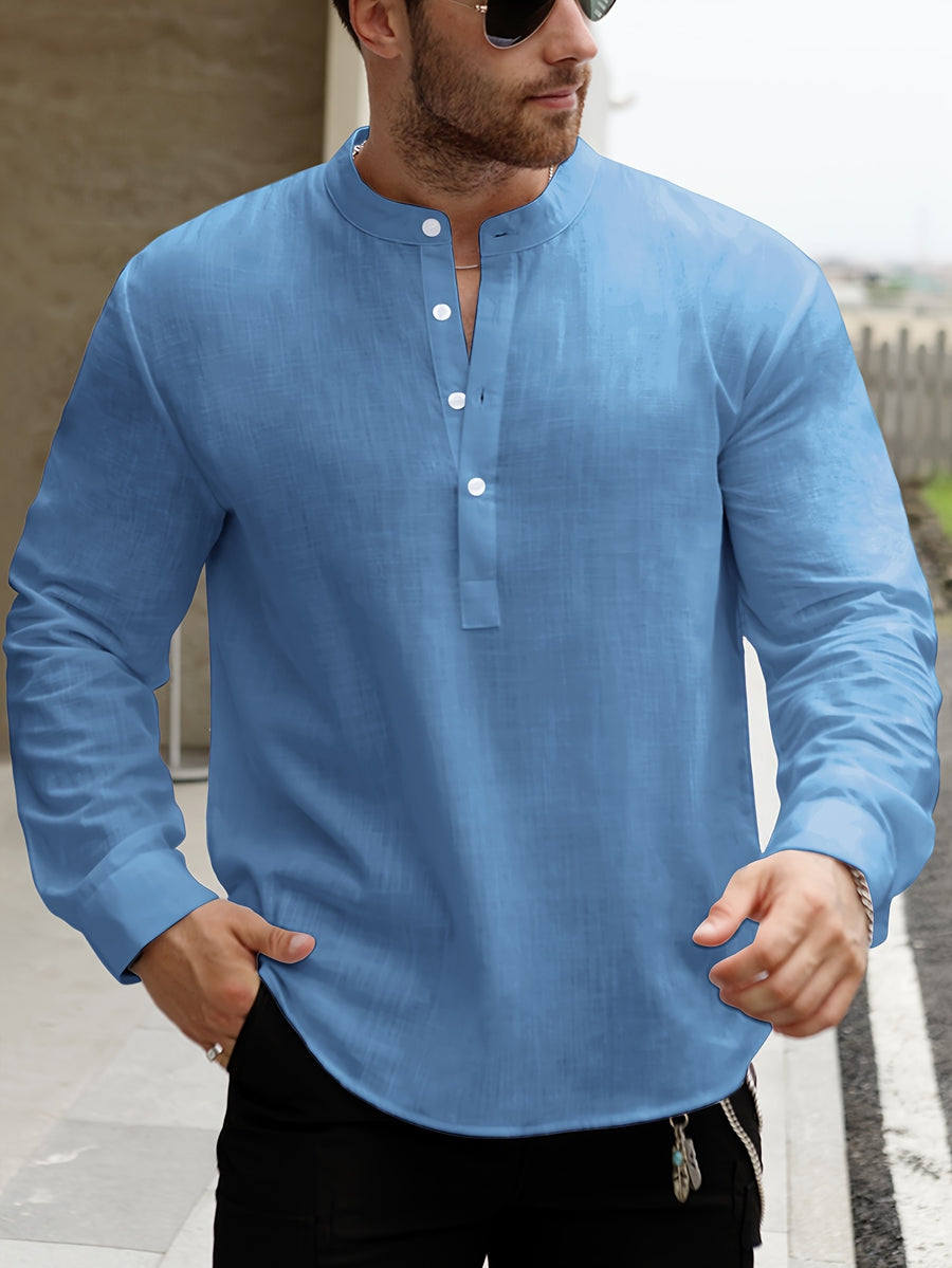 Men's Lightweight Thin Striped Stand Collar Half-Placket Solid Color Long Sleeve Shirt WISH Twill Loose Vintage Shirt - Vibrant Blue