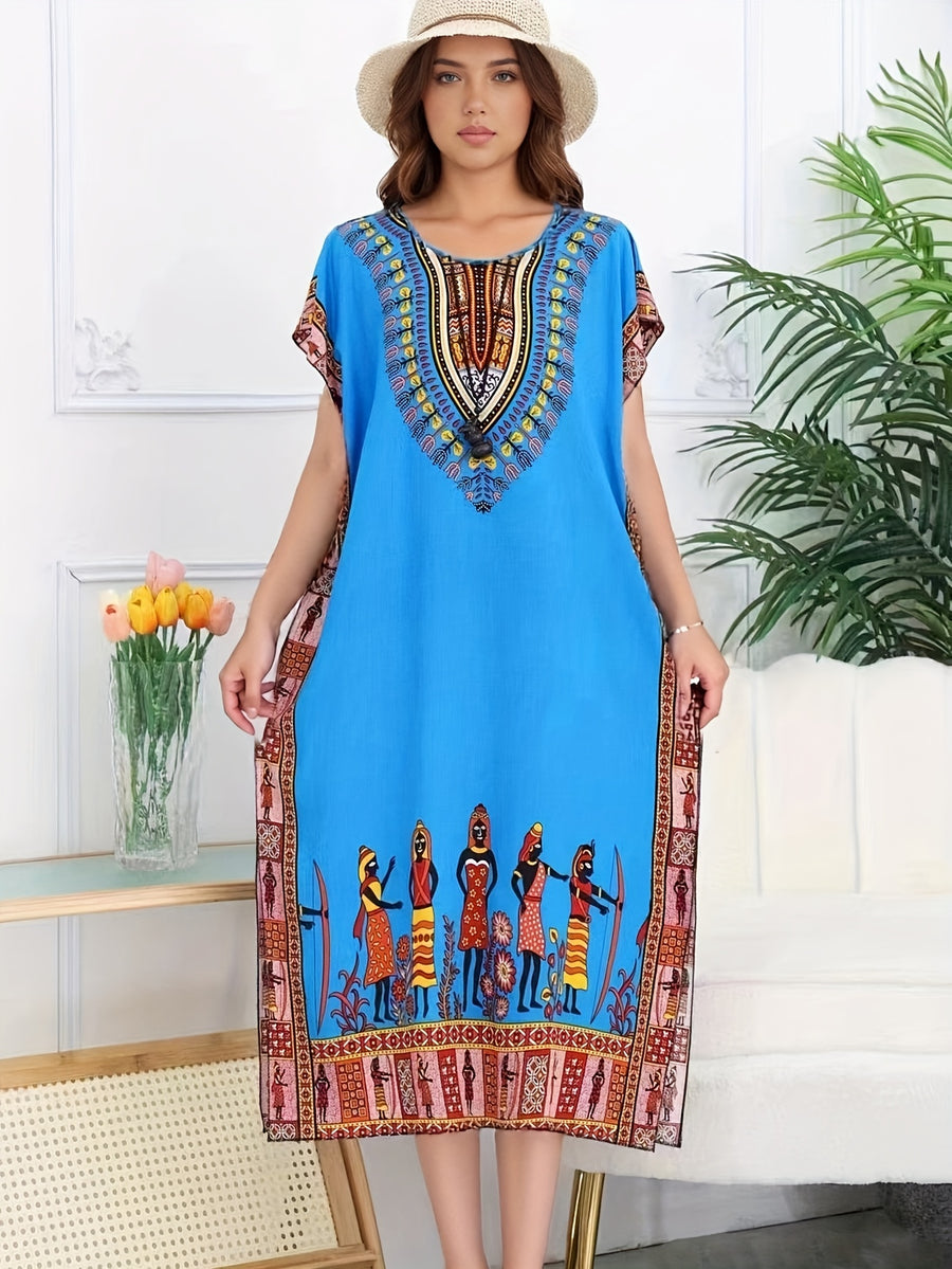 Ethnic Style Dress Summer New Bohemian Style Vacation Batwing Sleeve Dress Loose Beach Dress - Royal Blue