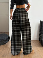 Women'S Plaid Wide-Leg Pocket Drawstring Casual Fashion Fall Winter Trousers - Deep Grey