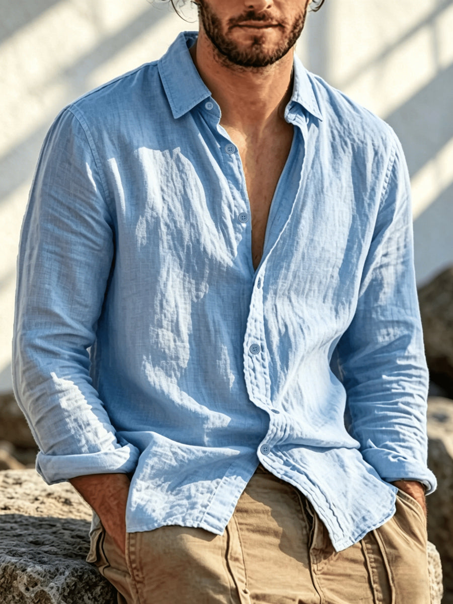 Single Piece Summer Men's Cotton and Cotton And Linen Blend Long Sleeved Shirt, 26 Year Fashionable and Simple Style, Loose Fit, Button up Cardigan Versatile Design, Soft and Breathable Fabric, Preferred for Daily Leisure Commuting - Sky Blue