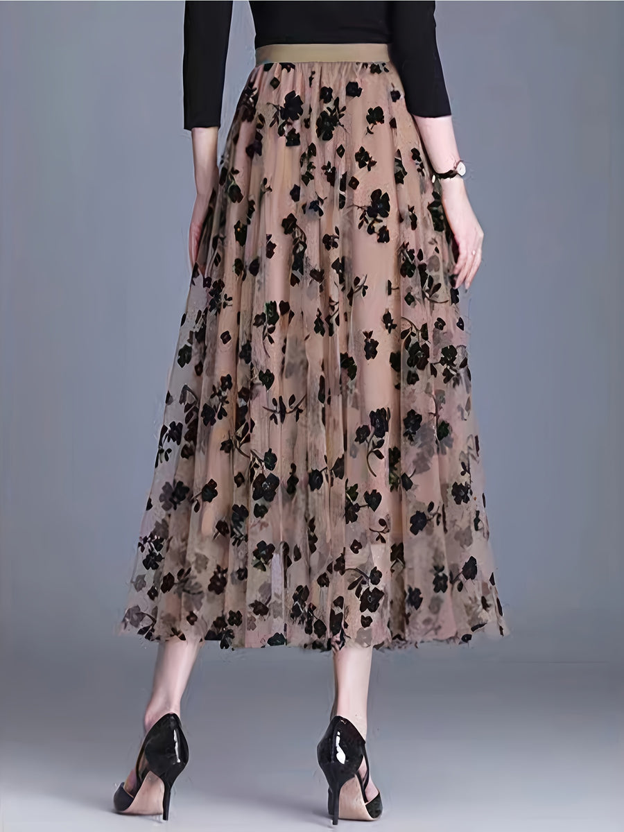 Pack Women's Coffee Color Mesh Skirt - Machine Washable, Elegant Design, Large Pleated Print, Spring/Summer/Autumn New Style, Stylish and Comfortable for Outings - Coffee Color
