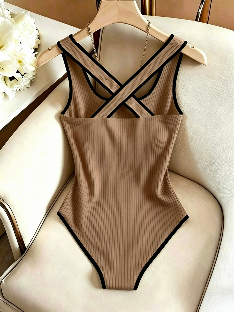 Sleeveless -Line Bodysuit - Solid Color Ribbed Suitable for Spring Summer Style Matching Top | Criss-Cross Back Square Neck Contrast Binding | Machine Washable Figure-Hugging Bodysuit for Daily Wear & Commuting - Khaki