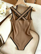 Sleeveless -Line Bodysuit - Solid Color Ribbed Suitable for Spring Summer Style Matching Top | Criss-Cross Back Square Neck Contrast Binding | Machine Washable Figure-Hugging Bodysuit for Daily Wear & Commuting - Khaki