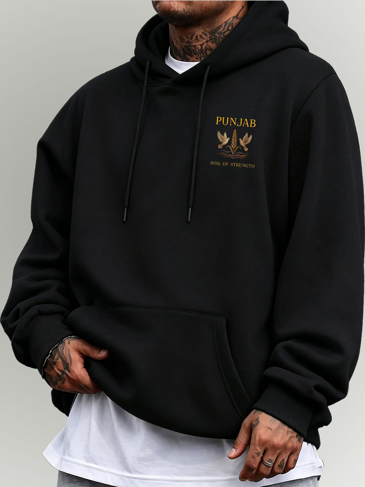 Men'S Hooded Sweatshirt PUNJAB Wheat Print Western Regional Style Mature Men'S Top - Black