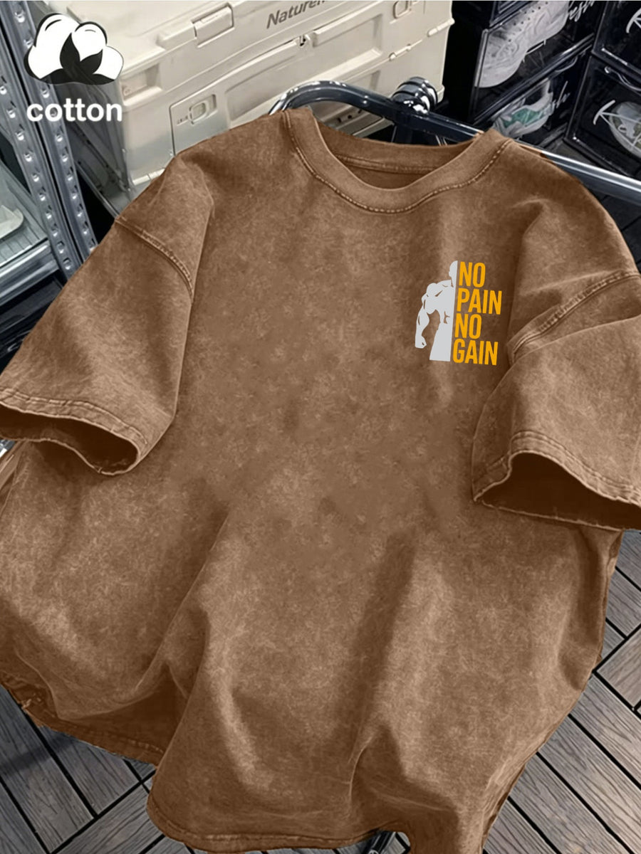 Washed Cotton Men's Short-Sleeve T-Shirt with "No Pain, No Gain" Graphic Design, Summer Versatile Pure Cotton Fashionable Casual Breathable Unisex Top, Suitable for Daily Outings, Leisure, and Sports - Coffee Color