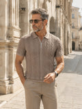 [Printed Design - Not Textured] Men'S Short Sleeve Zip Polo Shirt, Khaki Cable Knit Inspired Vertical Stripe, Digital Print, Zip Placket, Polo Collar, Polyester, Casual, Daily Commuting Weekend Leisure, Summer - Mixed colors