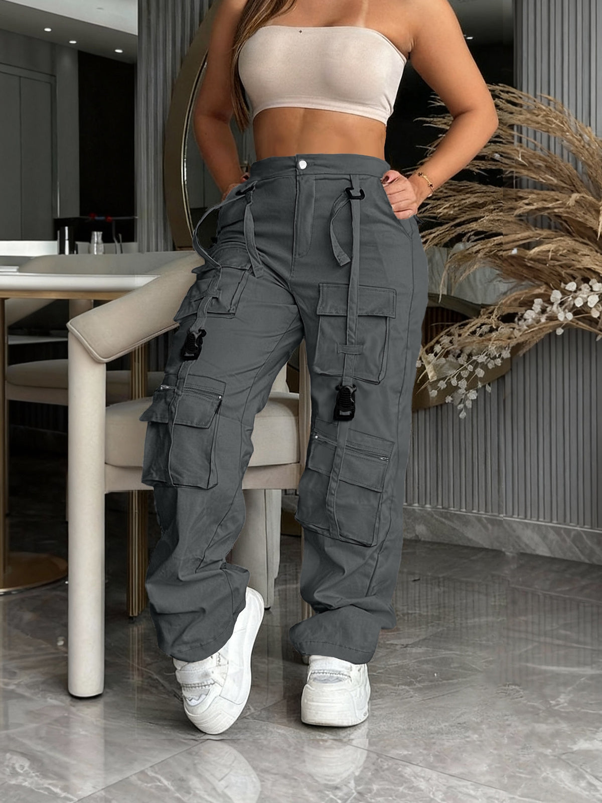 Multi-Pocket Cargo Pants, Retro Straight Wide-Leg Casual Trousers, Fashionable Trendy for Outings And Home - Grey