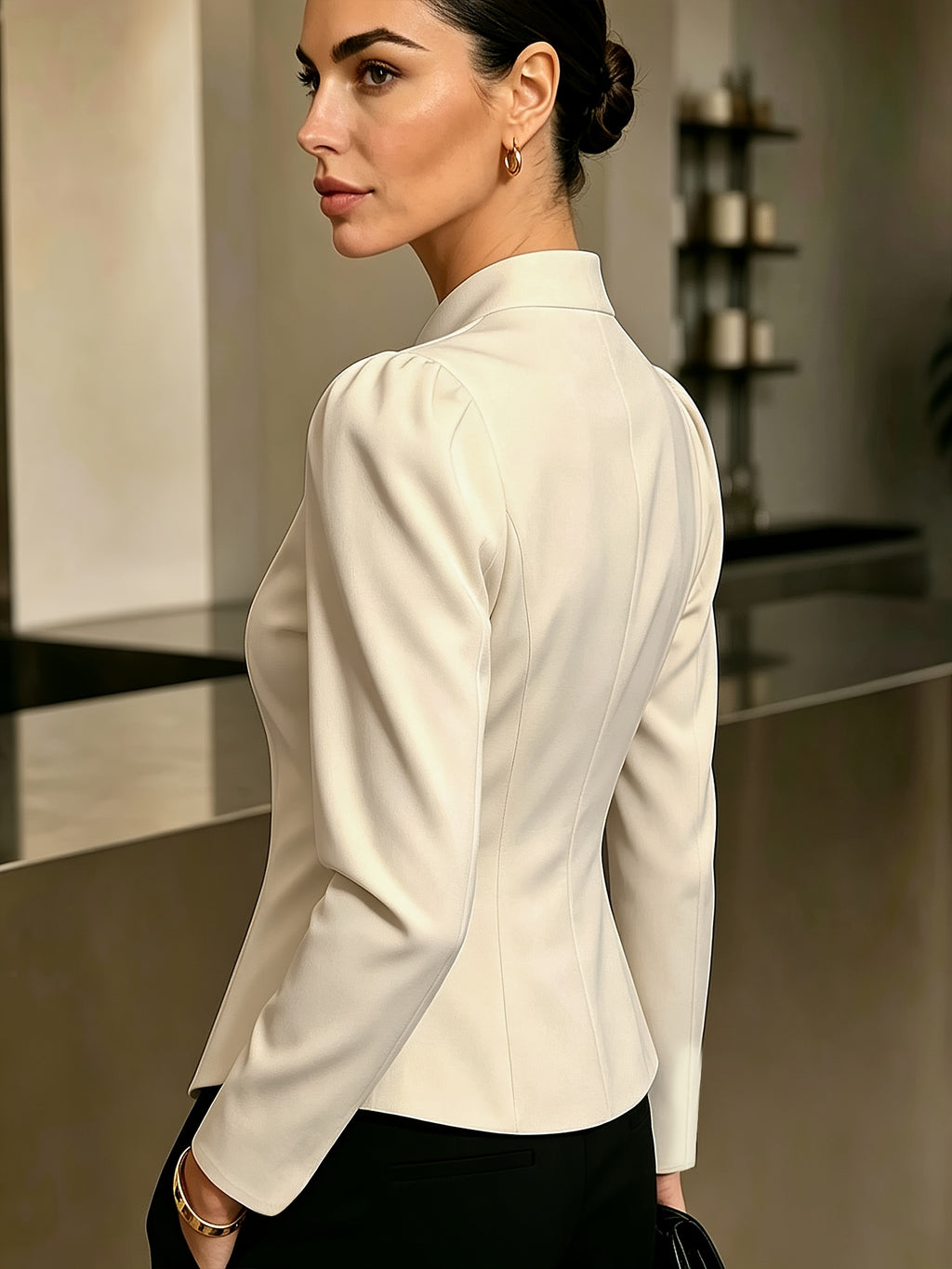 A stylish Women's blazer in a vintage fit, featuring button details and lantern sleeves. A must-have wardrobe staple for all seasons: spring, autumn, summer, and winter - Apricot
