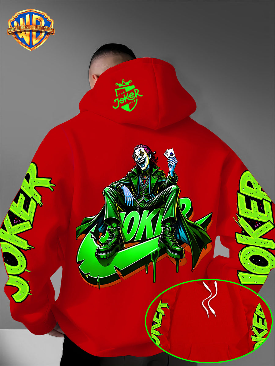 Warner Bros. American Trendy and Cool Hook, Hisley Jay Joker, JOKER Splashed Ink Graffiti Print Hooded Sweatshirt, with Adjustable Drawstring, Comfortable and Warm, Fashionable and Versatile Men's Casual Sweatshirt - Red