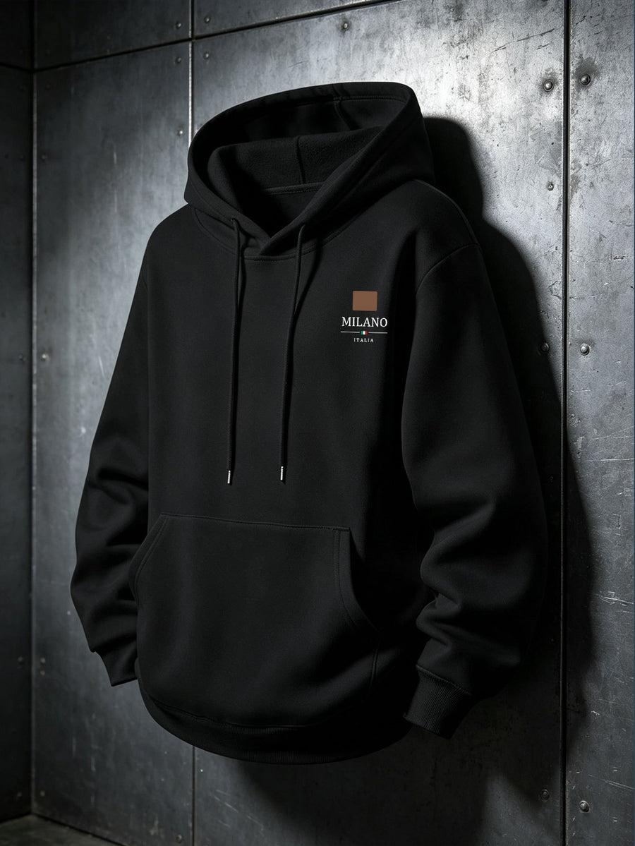 American Vintage Small Square Logo Hooded Sweatshirt for Men, Casual Hoodie, Trendy and Versatile for Daily Wear, Long-Sleeve Top - Black